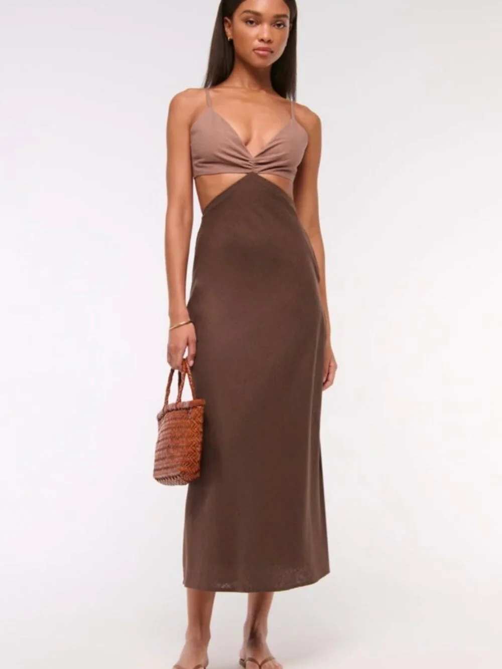The A&F Julia Slip Cutout Maxi Dress Tan Brown Linen Abercrombie & Fitch Size SP